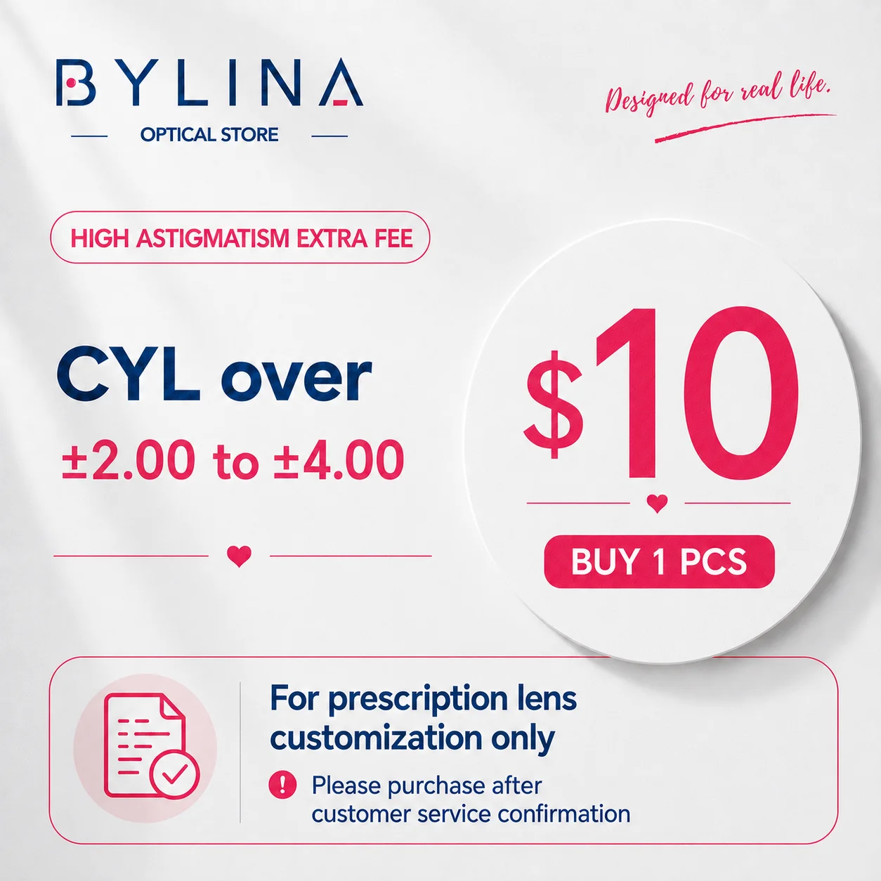 BYLINA High Astigmatism Customization Fee for Prescription Lenses CYL Extra Fee Customer Service Only