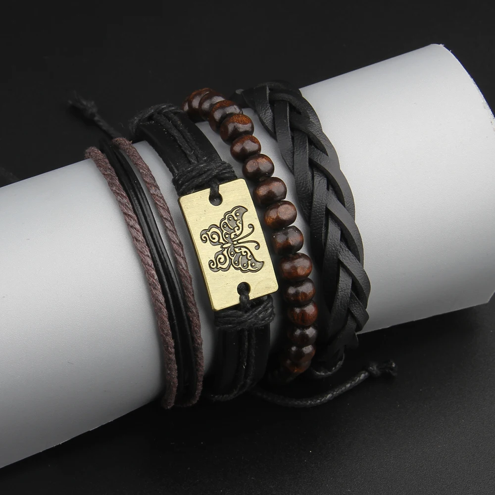 2024 Charm Jewelry Multilayer Handmade Weave Leather Butterfly Bracelet Vintage Cuff Beads Adjustable Bracelet Men Pulsera