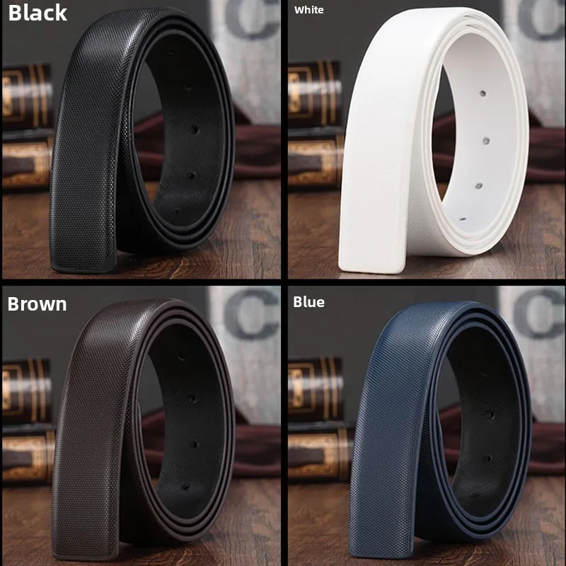 Men's Genuine Leather Belt Plain Buckle Waist Belt Plaid Pattern Two Layer Cowhide Smooth Buckle Pants Belt 35cm