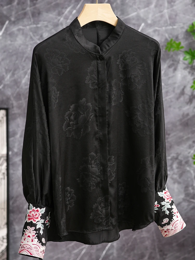 

Bla Silk Long Sve irt with Floral Embroidery Stand Collar Single Button Closure Straight Cut Fem Top