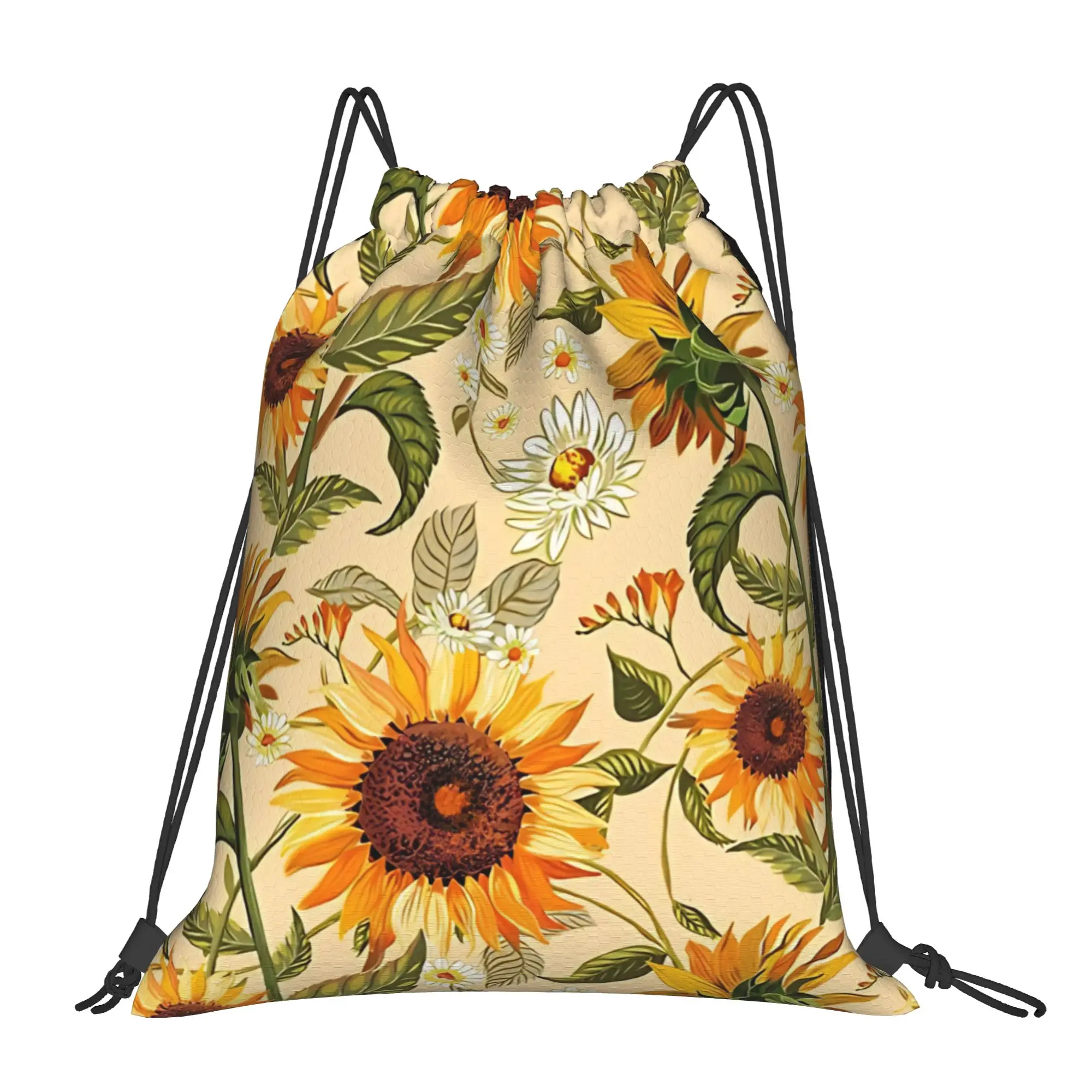 Floral Sunflowers 70s vintage golden Portable Sports Riding Gym Drawstring Storage Sporty Backpacks