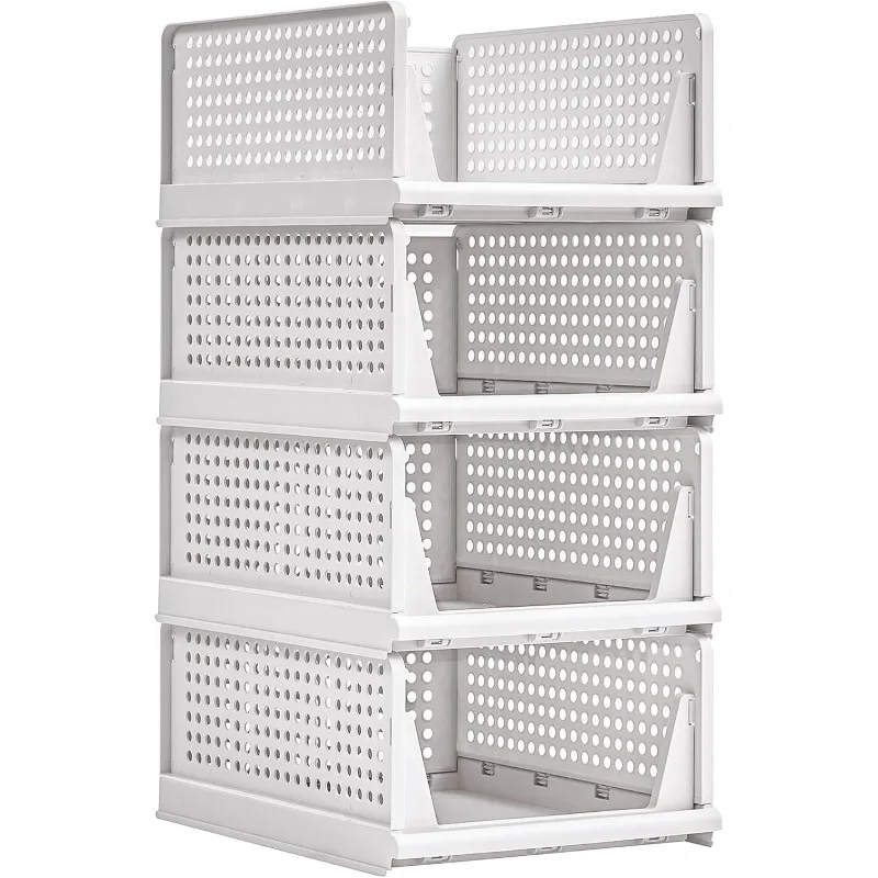 

4 Pack Plastic Closet Shelf Organizer, Stackable Sweater Storage Closet Drawers, Foldable Wardrobe Organizer, Easy Assemb