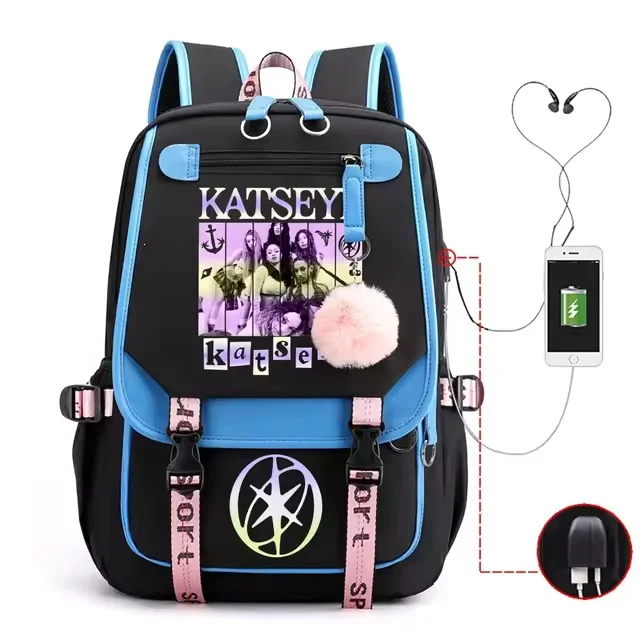 Girls Group Portrait Print Laptop Rucksack Fluffy Pom Pom Decor Multi Pocket Adjustable Strap Large Capacity Student School Bag