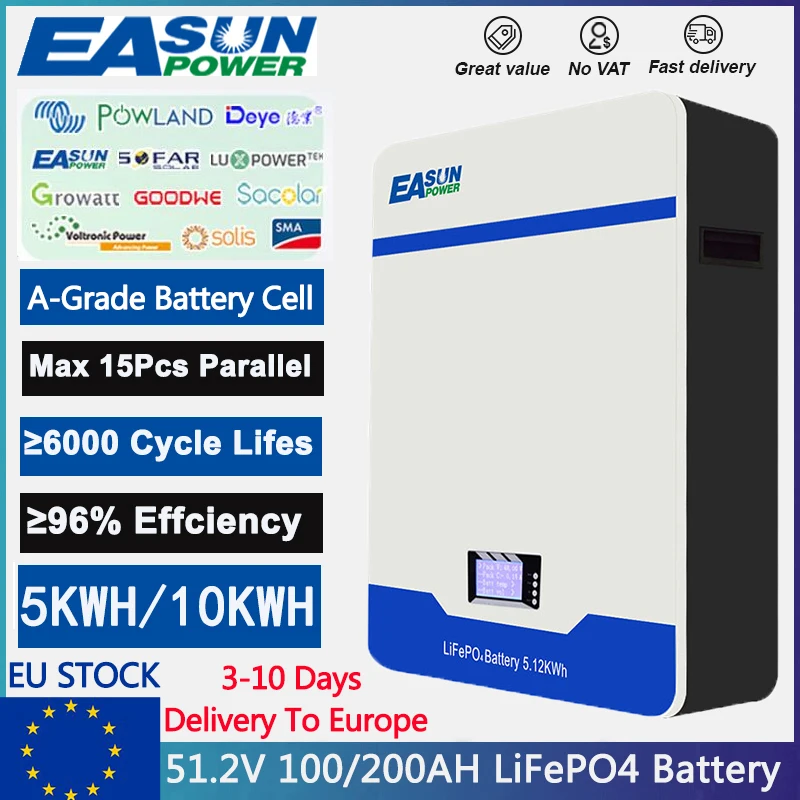 EASUN Powerwall LiFePO4 Battery 48V 100AH 200AH Battery 51.2V 5KWH 10KWH Lithium Iron Battery 6000+ Cycle CAN RS485 BMS NO TAX