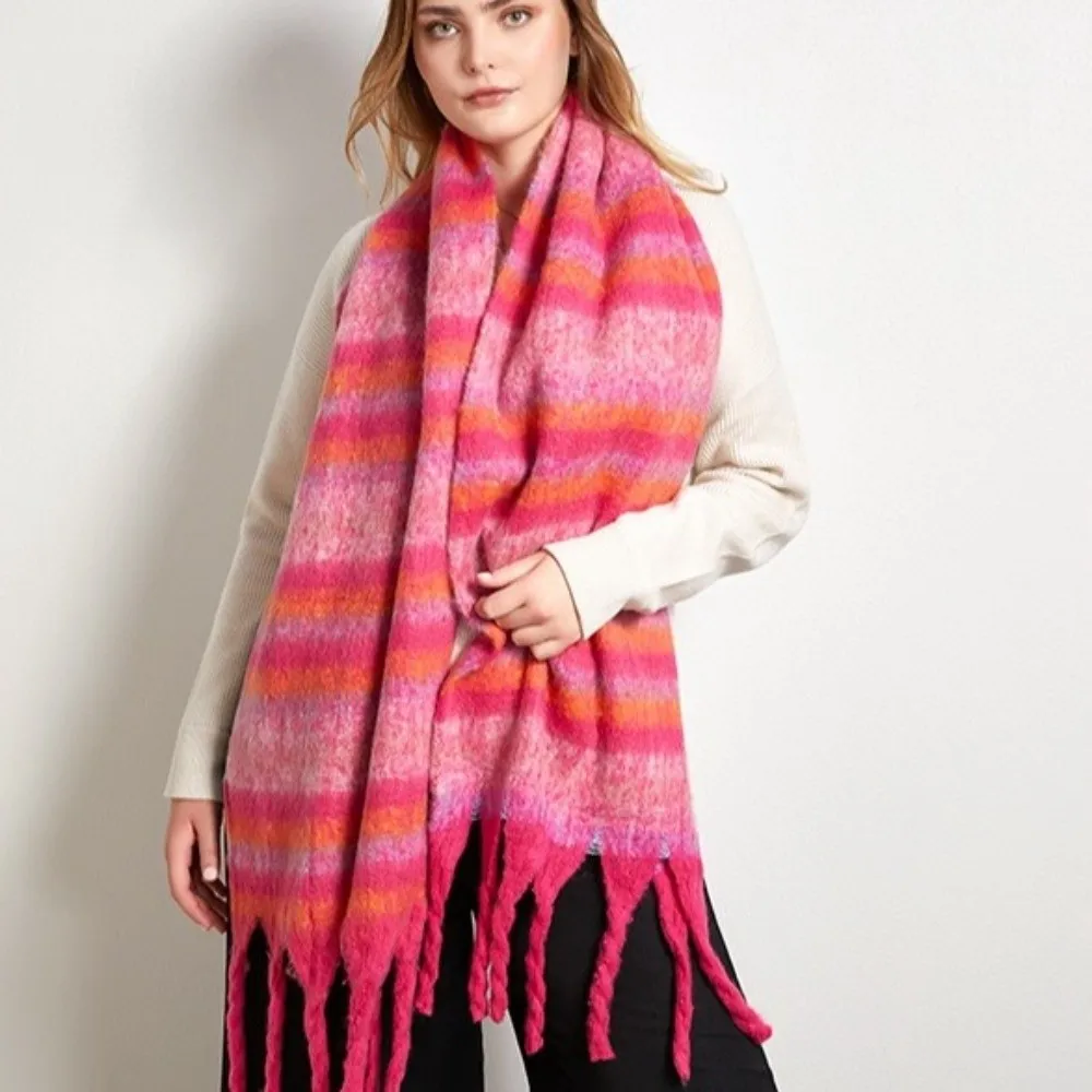 Eleganter Regenbogen-Streifen Wollschal mit Quasten, Plüsch-Winter-Kaschmirschal, Mohair, Warmer Langer Schal für Herren – Detail 5