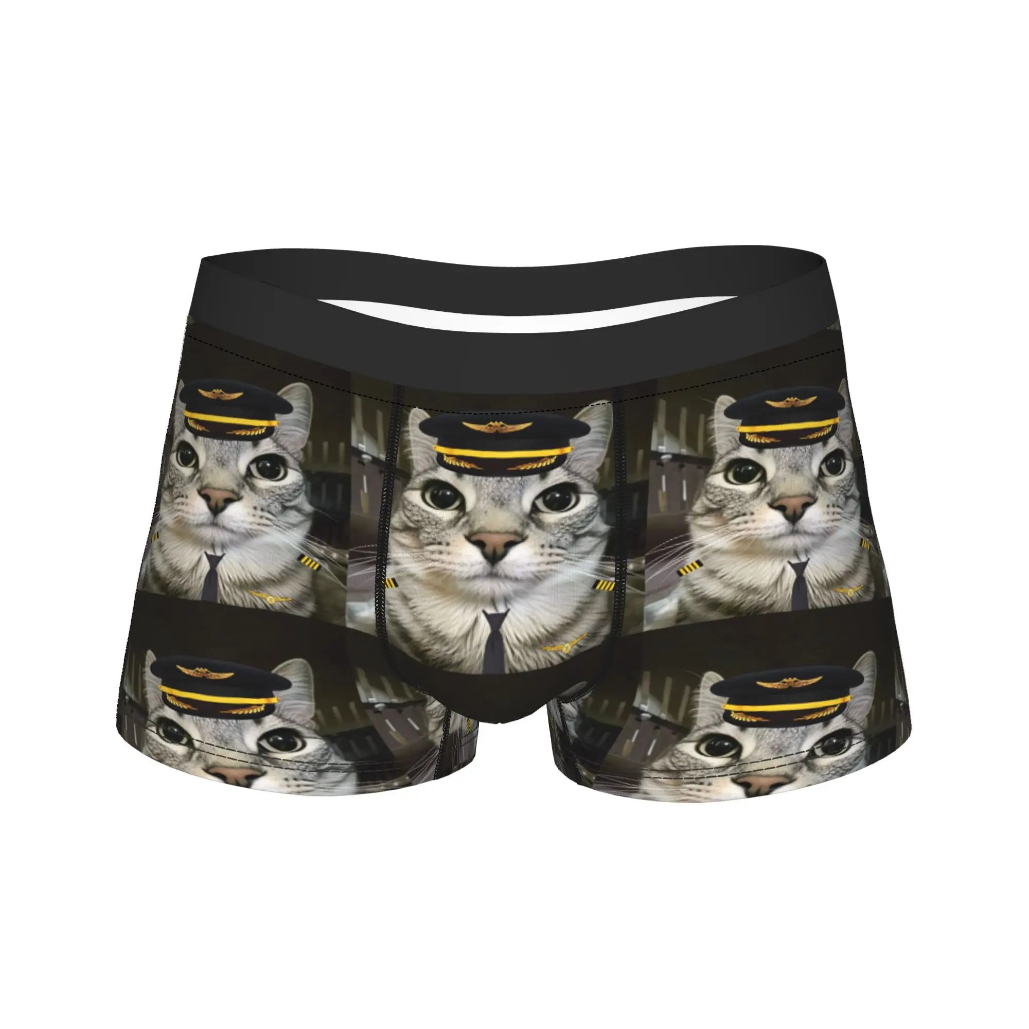 Funny Airline Captain Cat Underwear  Novelty Underpants Pattern Boxer Brief For Men Pouch Oversize Boxer Shorts