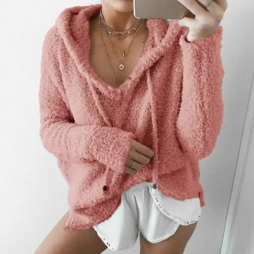 Elegant Auutmn Winter Women Hoodie Drawstring Thick Fuzzy Long Sleeves Solid Color Loose Warm Pullover Casual Wear Sport Top