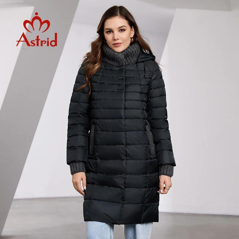 Astrid Women's Winter Jacket Hooded Fashion Knitted Wool Spliced Design Belt Long Parkas Warm Thick Padding Puffer Quilted Coat