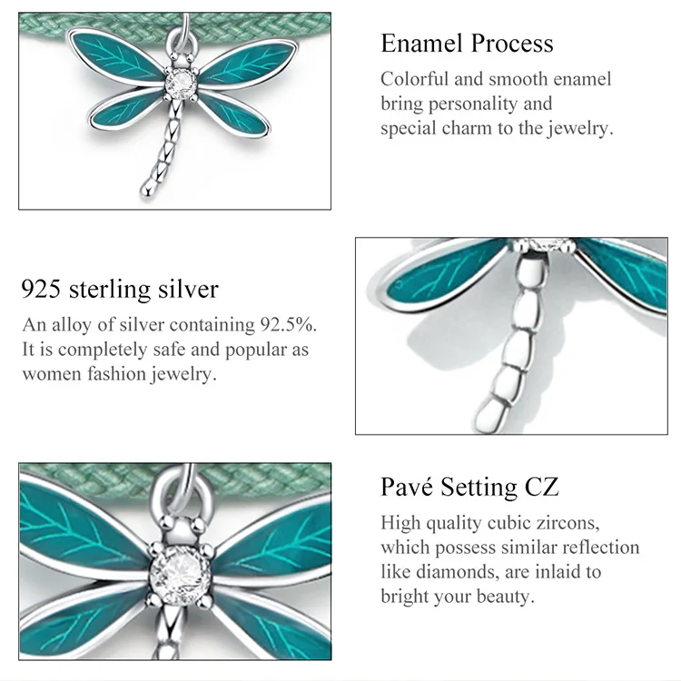 WOSTU Fashion Dragonfly Bracelet 925 Sterling Silver Delicate Green Dragonfly Pendants Bracelet for Women Fine All-match Jewelry