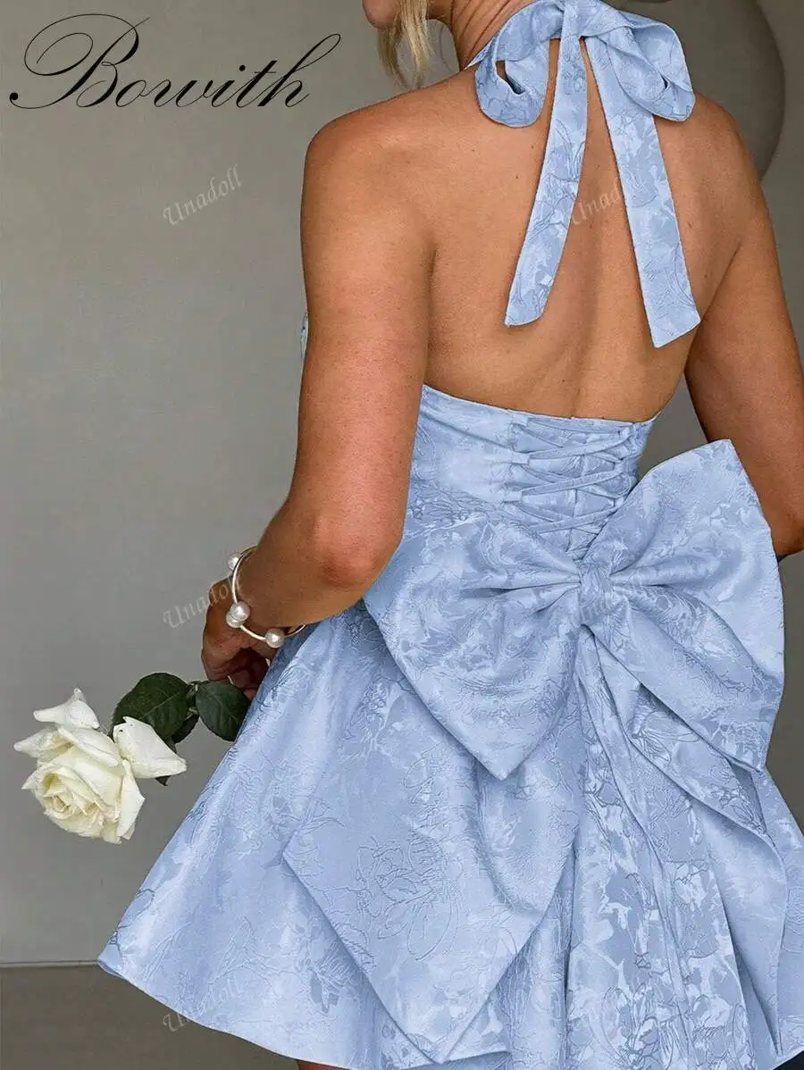 

Bowith Индивидуальный глубокий V-образный вырез с висячим вырезом, открытый ремешок сзади, затягивающий бант на талии, сексуальное романтическое платье