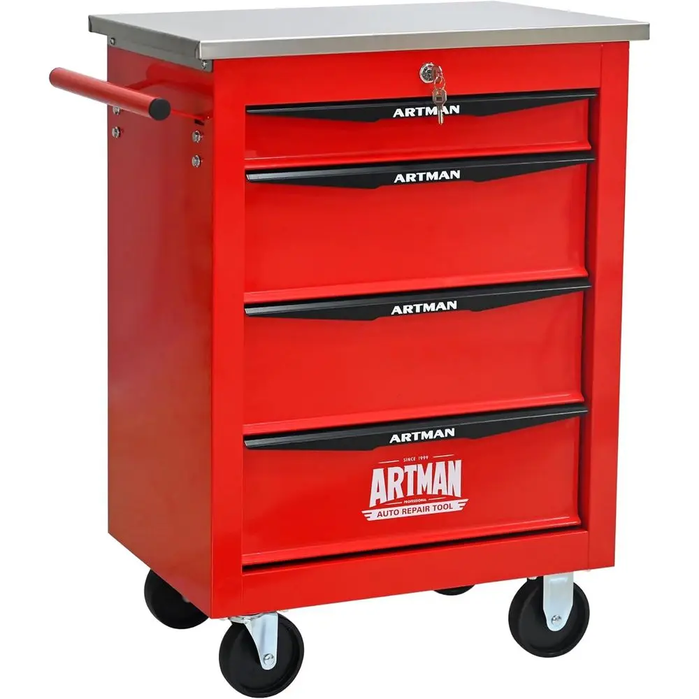 

Red Heavy-Duty Stainless Steel Rolling Tool Cart with Lockable Drawers for Garage and Workshop Storage