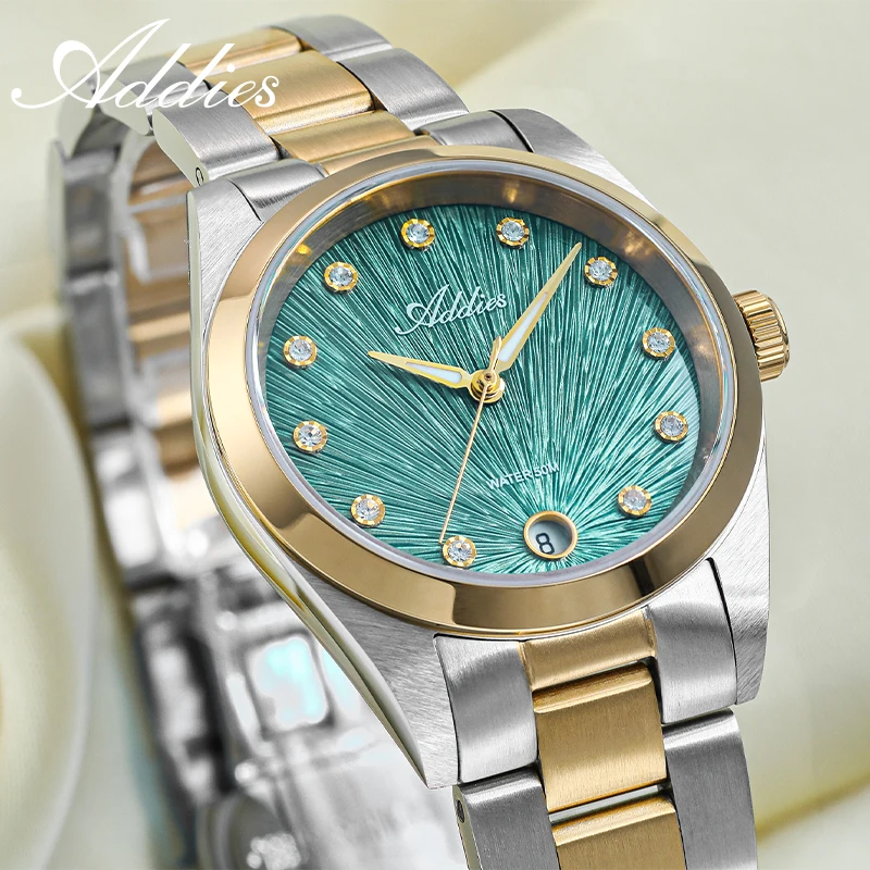 ADDIES Fashion Women's Watch 31mm Sapphire Glass Czech Rhinestones Quartz Movement Stainless Steel 5Bar Waterproof Lady Watches