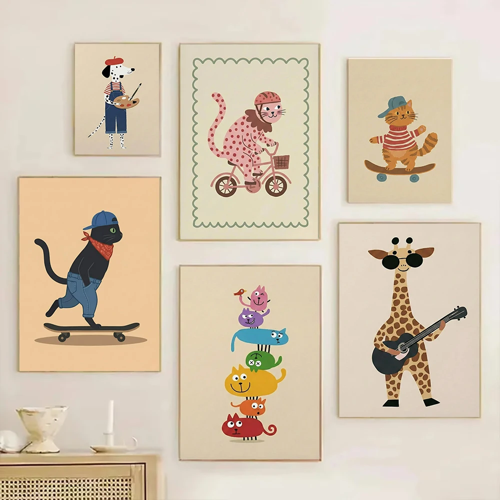 Unframe  Dalmatian Painter Cat Giraffe Playing Guitar Art Poster Print Funny Animal Colorful Pictures Nursery Dorm Room Home Dec