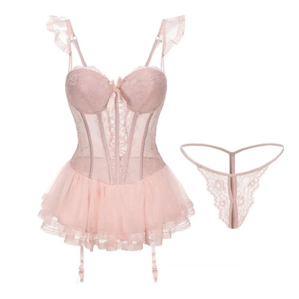 

Slim Fit Bow Lace Nightgown Transparent Sleeveless Women Lingerie Mesh Nightwear Lace Sling Nightdress Gift
