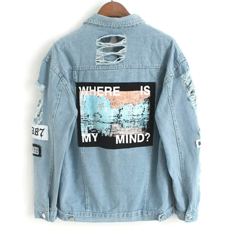 Frayed denim bomber jacket for women print where is my mind lady Vintage elegant Outwear fashion autumn coat Vangull