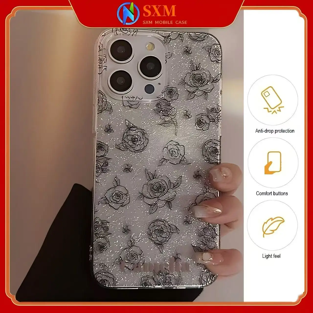 

Vintage artistic style glitter rose phone case suitable for Apple iPhones silicone phone case