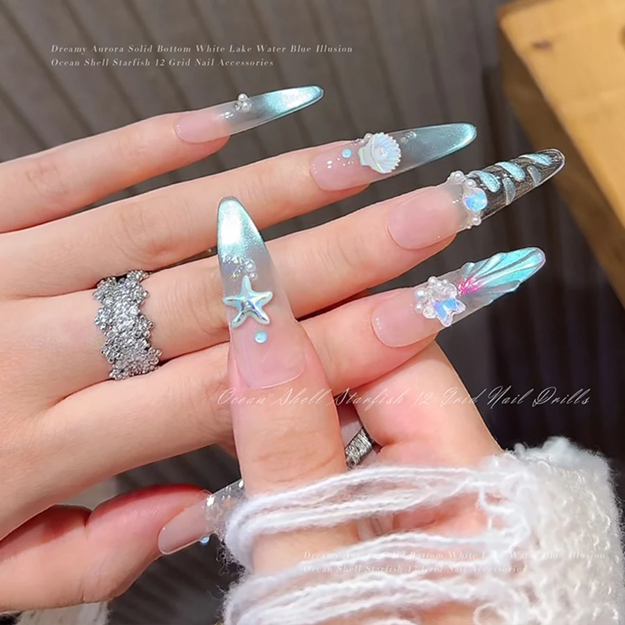 12 Grid Aurora Conch Shell Coconut Tree Mermaid Nail Art Rhinestones Summer Ocean Life Pearl Manicure Rhinestones Decorations view 6