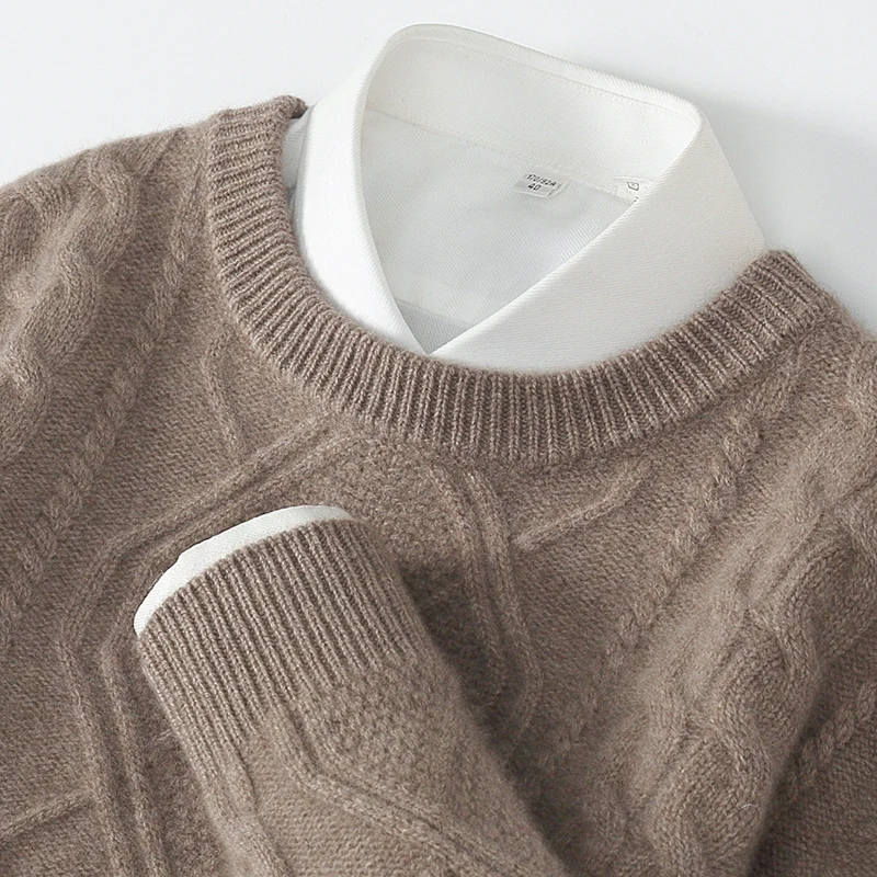 Winter New Thick Heavyweight Winter Pure Wool Knitted Sweater with Large Diamond Pattern for Men's Casual Fluffy Warm Long Sleev