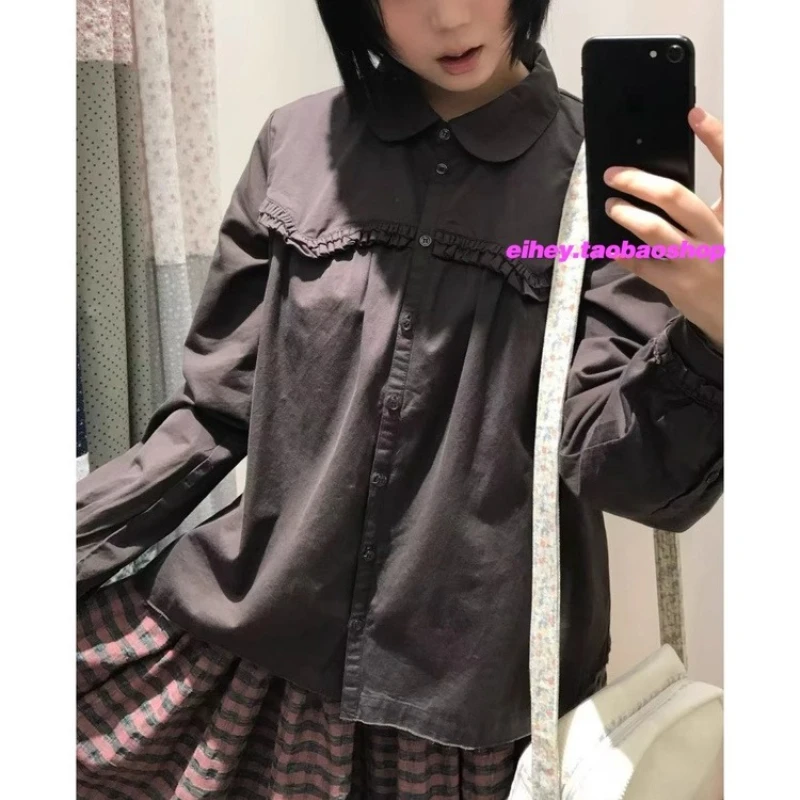 Japanese Pleated Loose Casual Long-sleeved Shirt Women 2025 Autumn New Polo Collar Single-breasted Solid Color All-match Tops