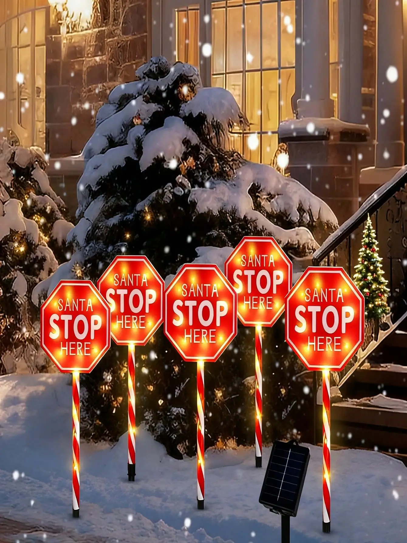 5pcs Solar-Powered Christmas Rest Sign - Waterproof 5-In-1 LED Decor w/Candy Cane Stripes for Yard/Garden, Durable Plastic