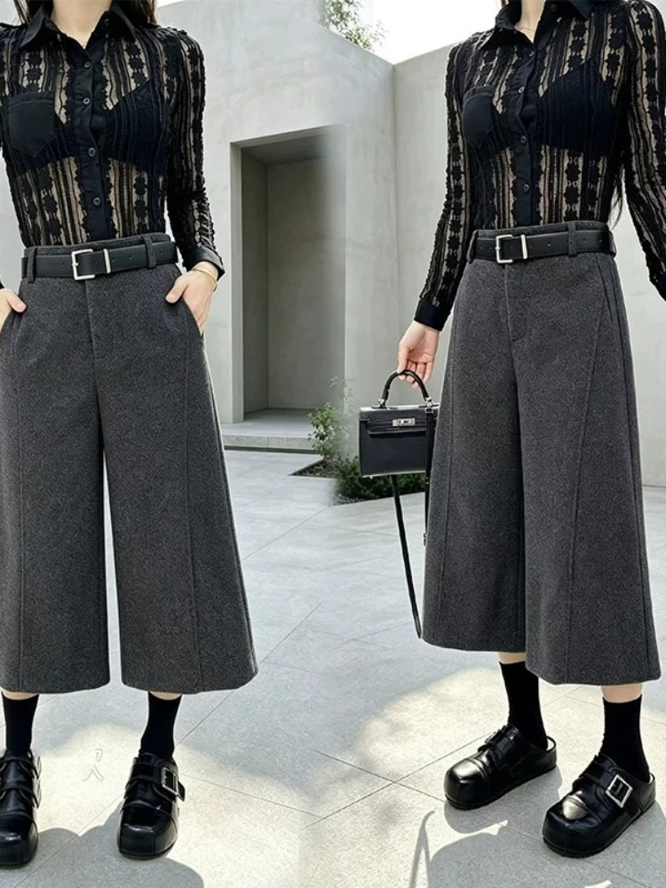 Slacks Women Vintage High Waist Lazy Wide Leg Petite Cropped Versatile Slimming Casual Trendy Wool Bootcut Trousers Pants