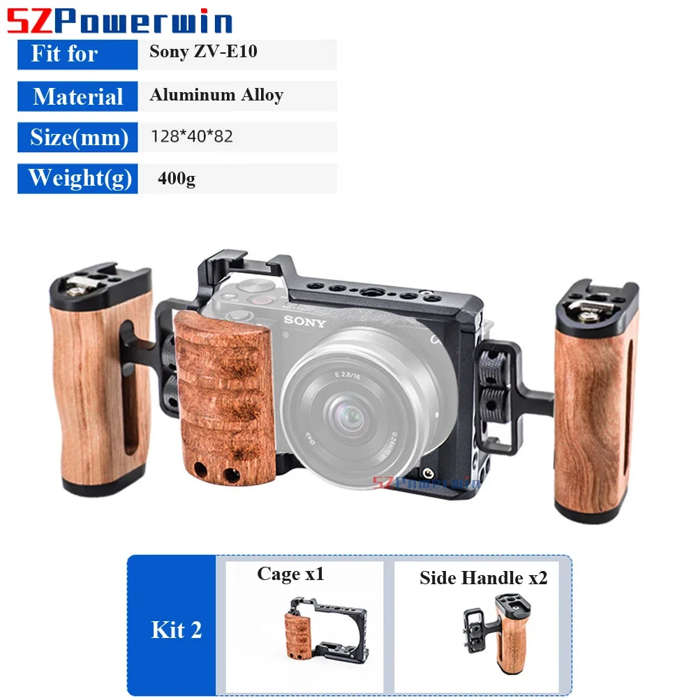 Powerwin For Sony ZV-E10 Camera Cage with wooden Handle Kit Frame Gimbal Aluminum Alloy Arri Locating Screw Protective Rig