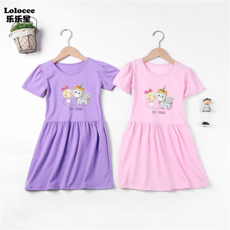 Girls' Kawaii Unicorn Dress Summer New Kids Short Sleeve Loose Princess School Dresses