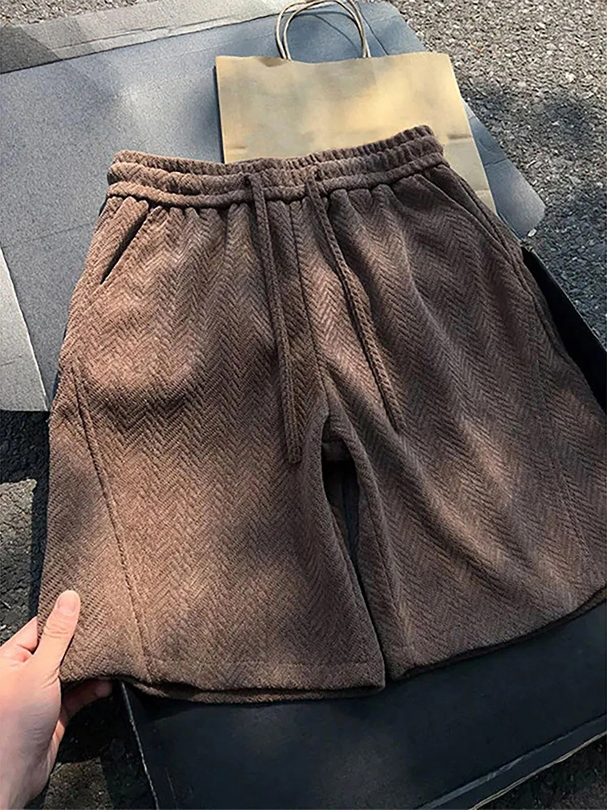 Brown Tweed Men's Shorts Five-Quarter Length Sporty Side-Cut Loose Fit Elastic Waistband Heavyweight Casual Straight Leg Pants