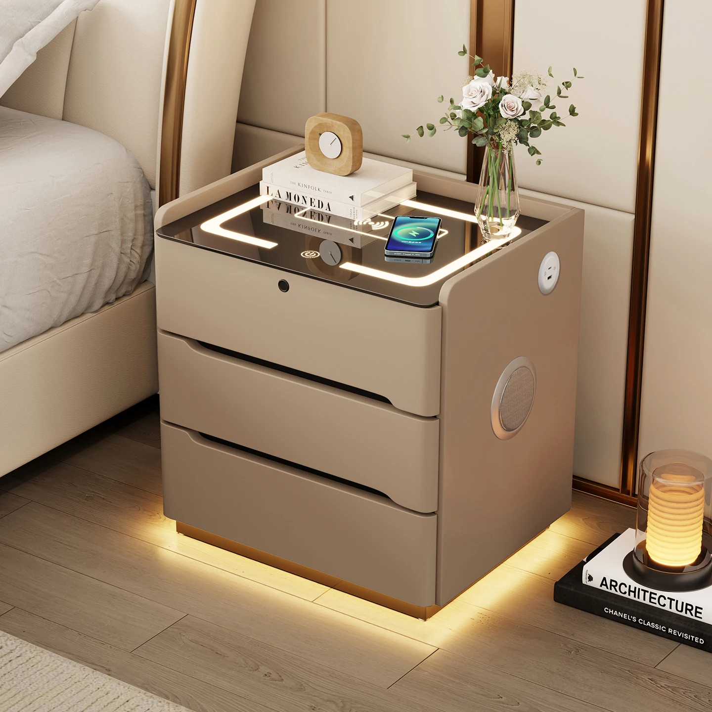 طاولة سرير عائمة مع ضوء حثي، منضدة ذكية حديثة قابلة للقفل، تصميم بسيط، طاولة بجانب السرير بثلاثة أدراج قابلة للشحن #2