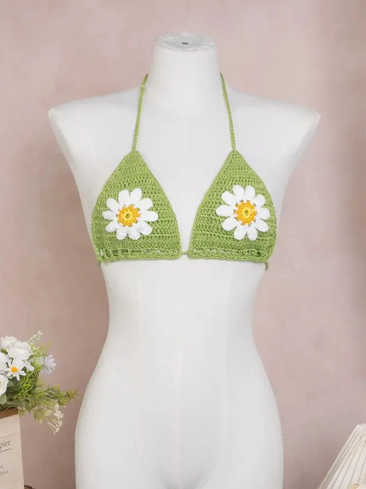 

Women's Summer Tie Up Bikini Top, Sexy Slim-Fit Handmade Knitted Floral Decoration Top, Perfect for Pool Party Beach Vacation