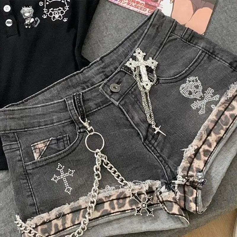 Y2K Women's Denim Shorts Grunge Leopard Print Trim Hot Pants Rhinestone Cross Chain Gothic Low Waist Jean Shorts for Alt Girls