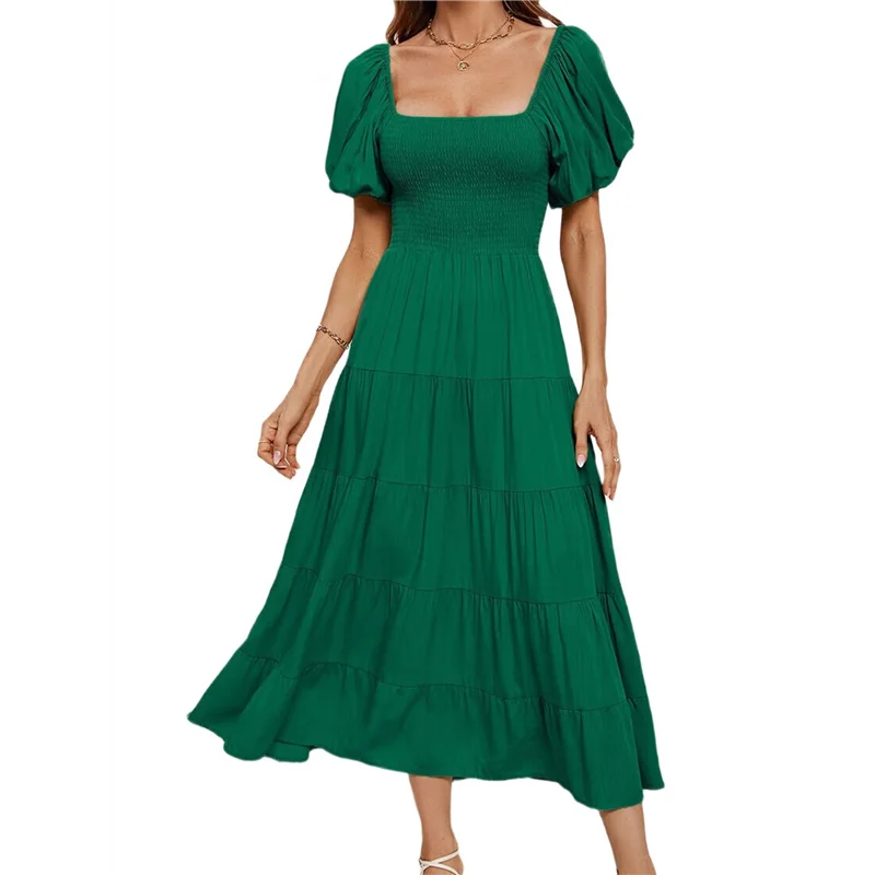 A09P Vestido midi casual de verão feminino, manga curta inchada, gola quadrada, vestidos com babados em camadas