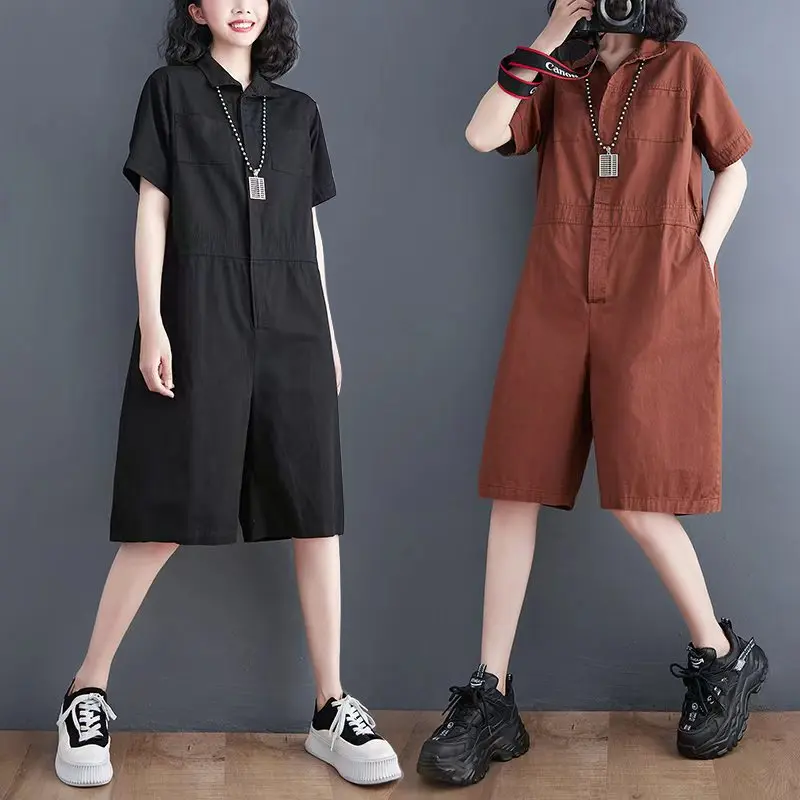 Women Jumpsuits Rompers Patchwork Button Front Solid Colored Polo Neck Ordinary Daily Wear Casual Overalls for Women T132