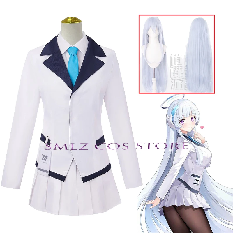 

Ushio Noa Cosplay Anime Blue Archive Costume Daily White JK Uniform Wig Set Hoodie Clothes Halloween Party Outfit for Women