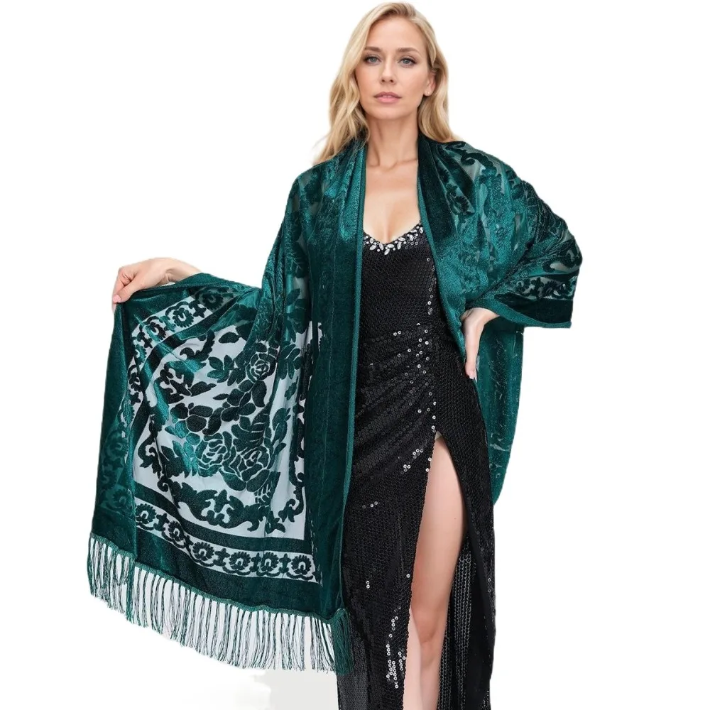 

Ethnic Style Chinese Dress Shawl Versatile Use Elegant Design Conditioner Shawl Warm Material Fringed Edge Velvet Scarf