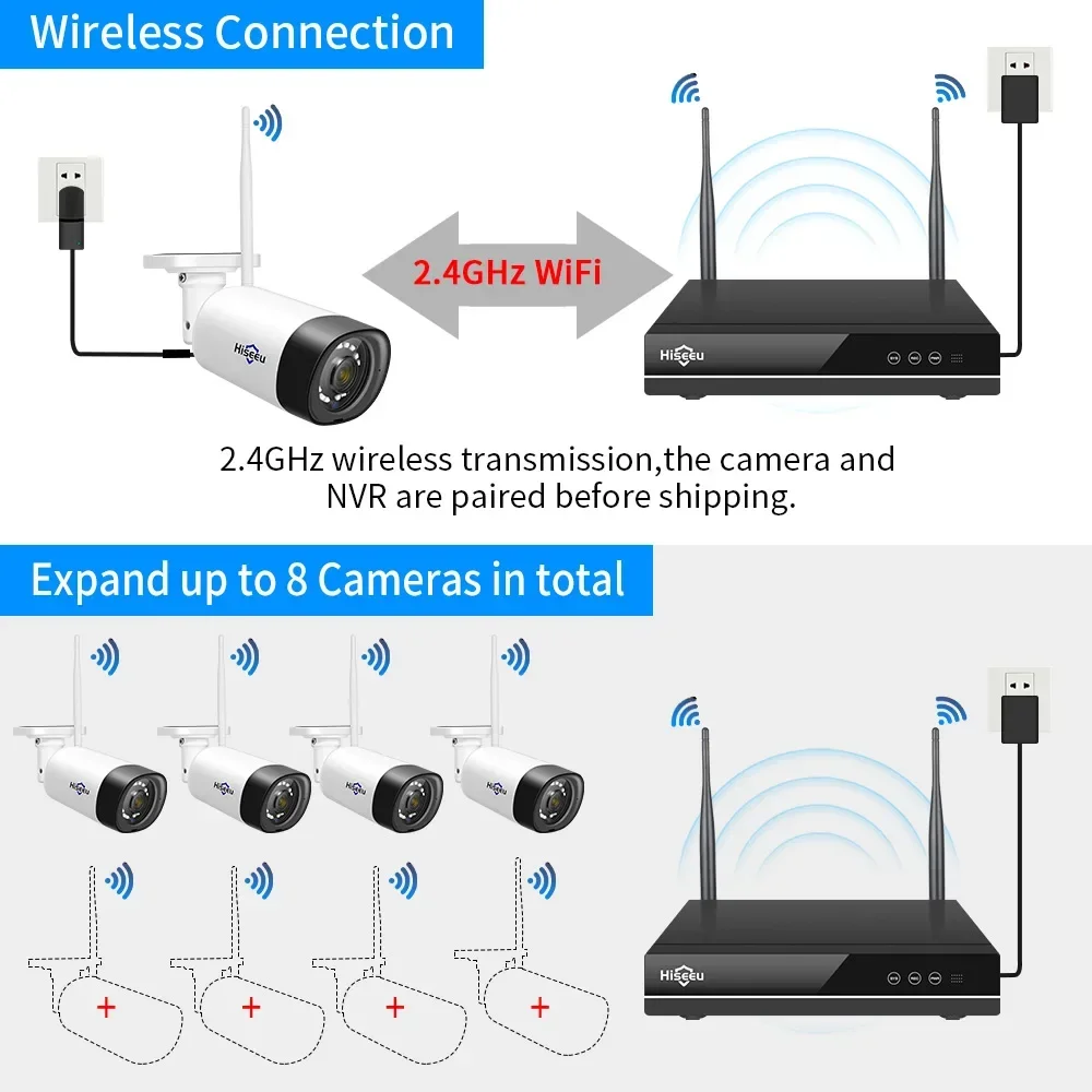 Hiseeu 10CH NVR 5mp HD Audio bidireccional a todo Color visión nocturna WIFi Home Cctv Kit sistema de cámaras de seguridad inalámbrico al aire libre