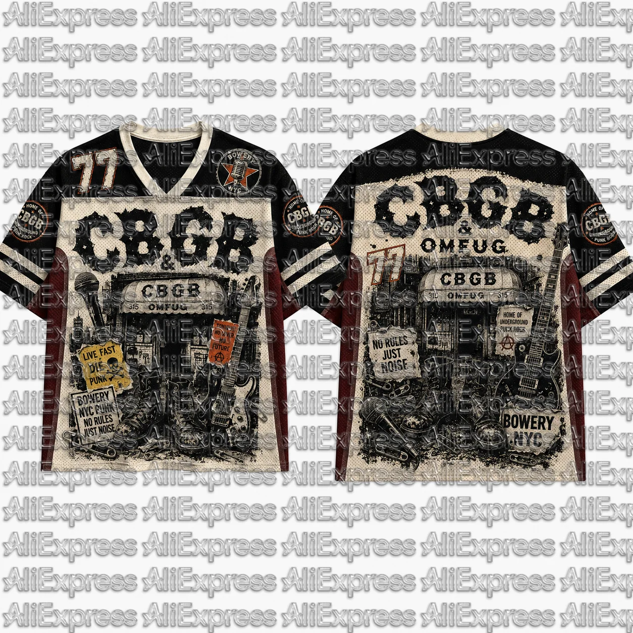 CBGB&OMFUG NYC Punk Rock 77 Pattern Men's Mesh V-neck Short Sleeved T-shirt Retro Bowery Underground Neutral Street Sports Top