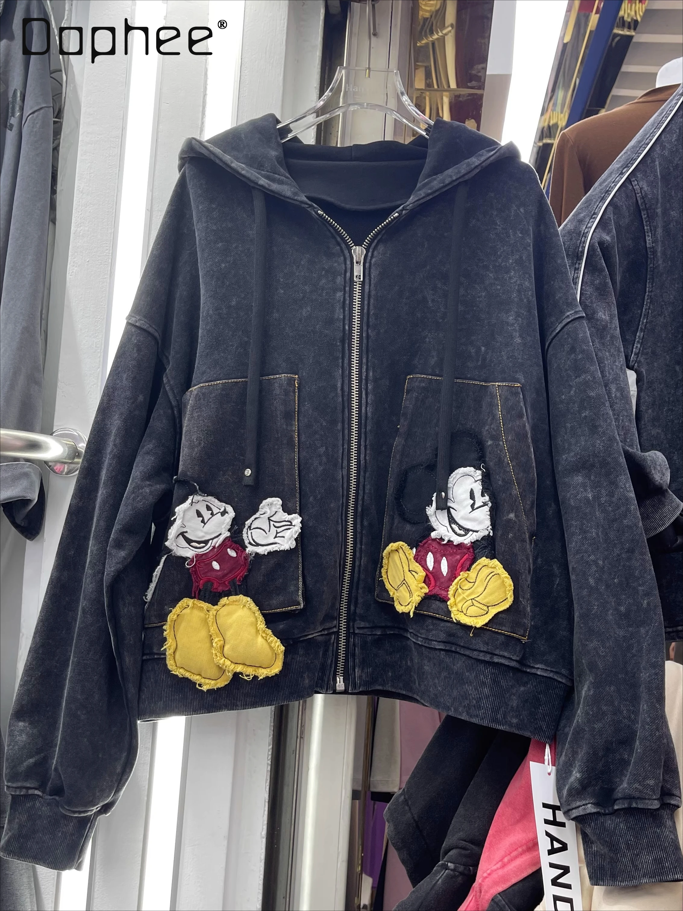 2025 New Heavy Embroidery Cartoon Short Jacket for Women Loose Fit Versatile Trendy Brand Hooded Sweatshirt Black Jacket