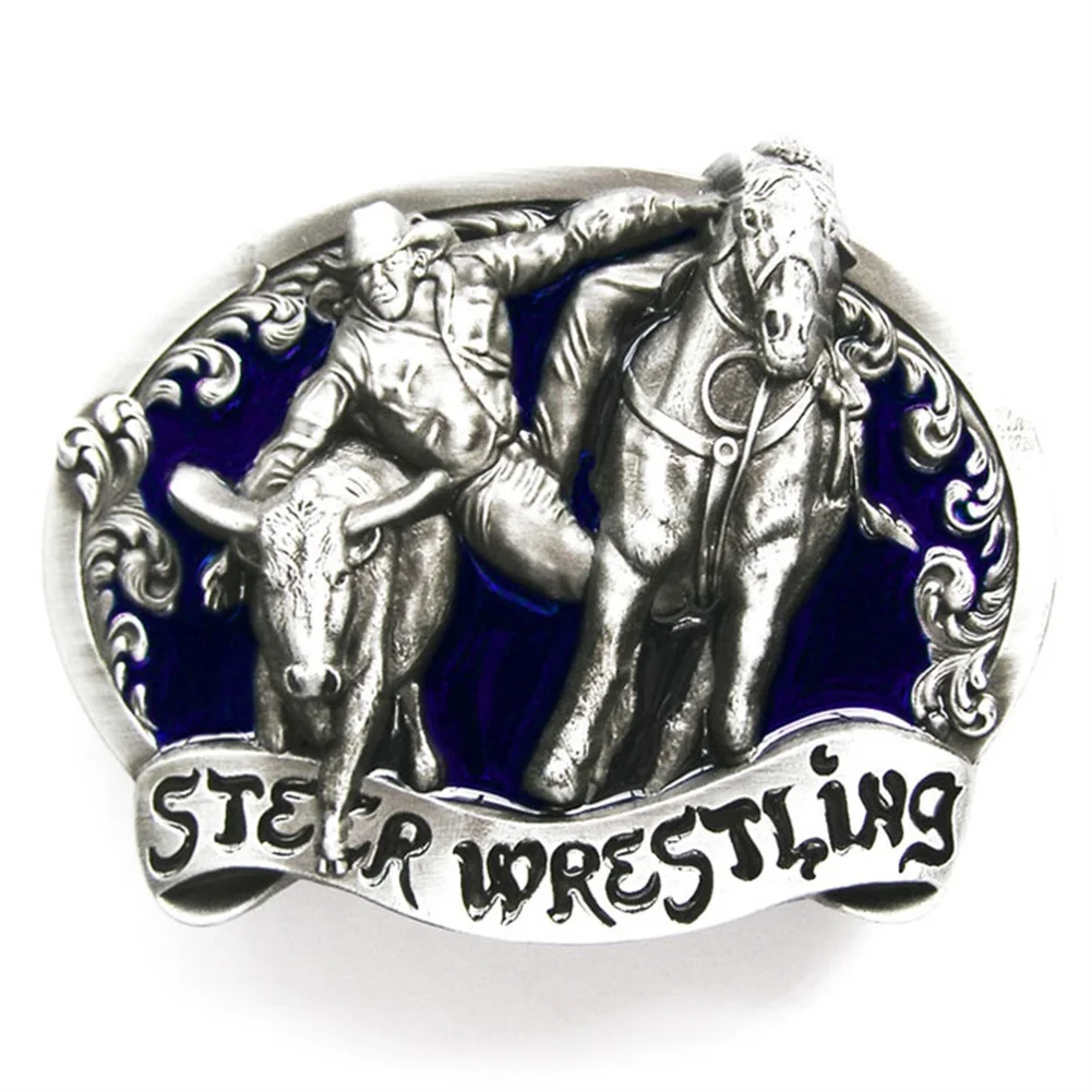 New Vintage Blue Enamel Rodeo Steer Wrestling Western Belt Buckle Gurtelschnalle Boucle de ceinture BUCKLE-WT105BL