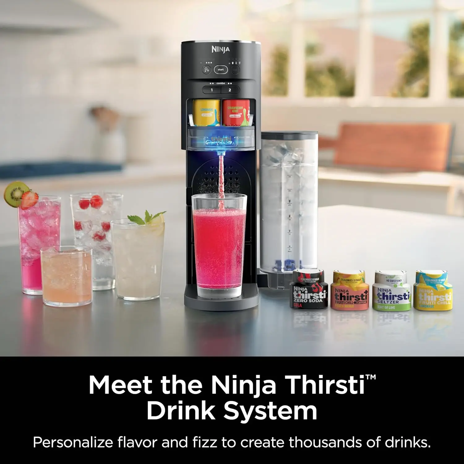 Thirsti Drink System, Soda Maker, Create Unique Sparkling & Still Drinks, Personalize Size & Flavor, Carbonated Water Machine, 6