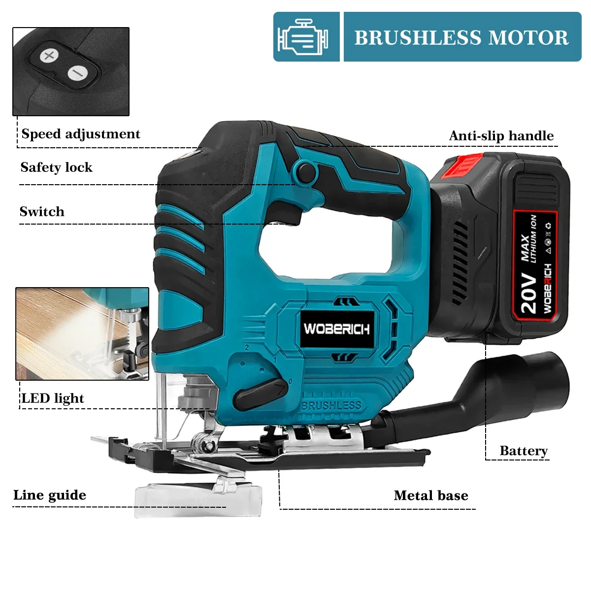 Brushless Jig Saw Electric Jigsaw Cordless JigSaws Battery Electric Tool Jig saws Woodworking for Makita 18V Battery By WOBERICH