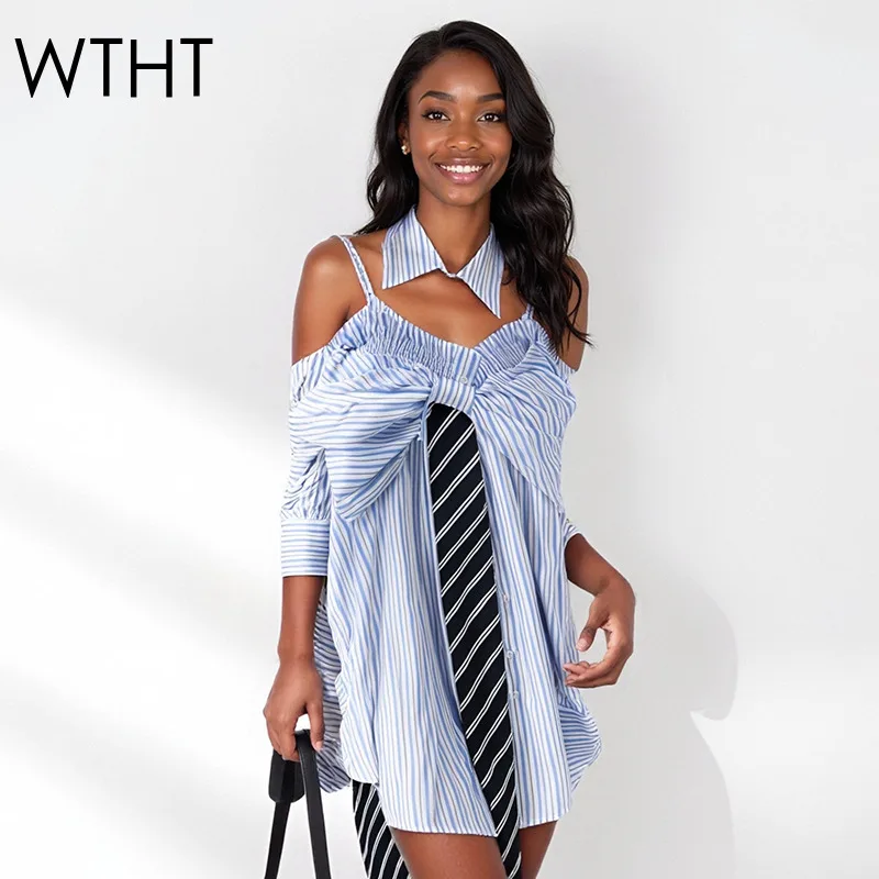 WTHT Trendy Women's Detachable Bow Tiestriped Sling Shirts 2025 Summer Off-shoulder Long Sleeves Blouse Female 1LS2347