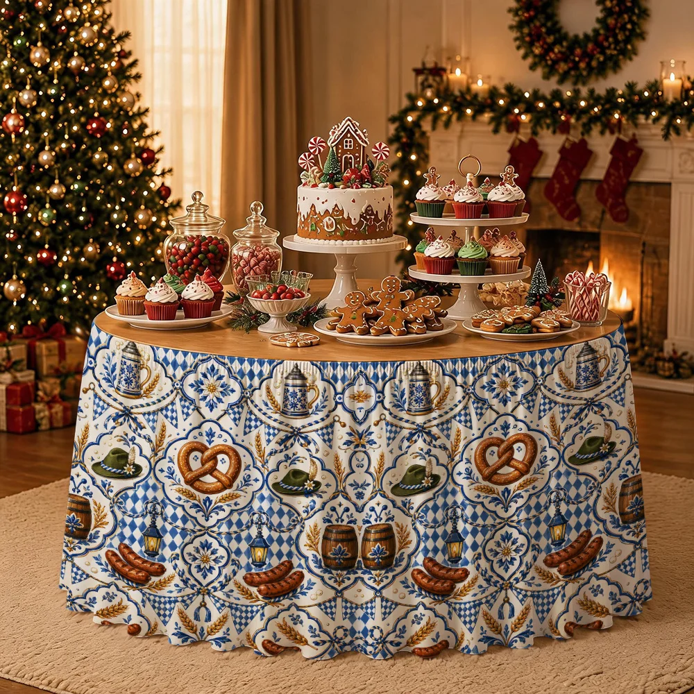 Alpine Wreath Wallpaper Pretzel Feast Offset Relief Hollow Checkered Oktoberfest Table Skirt