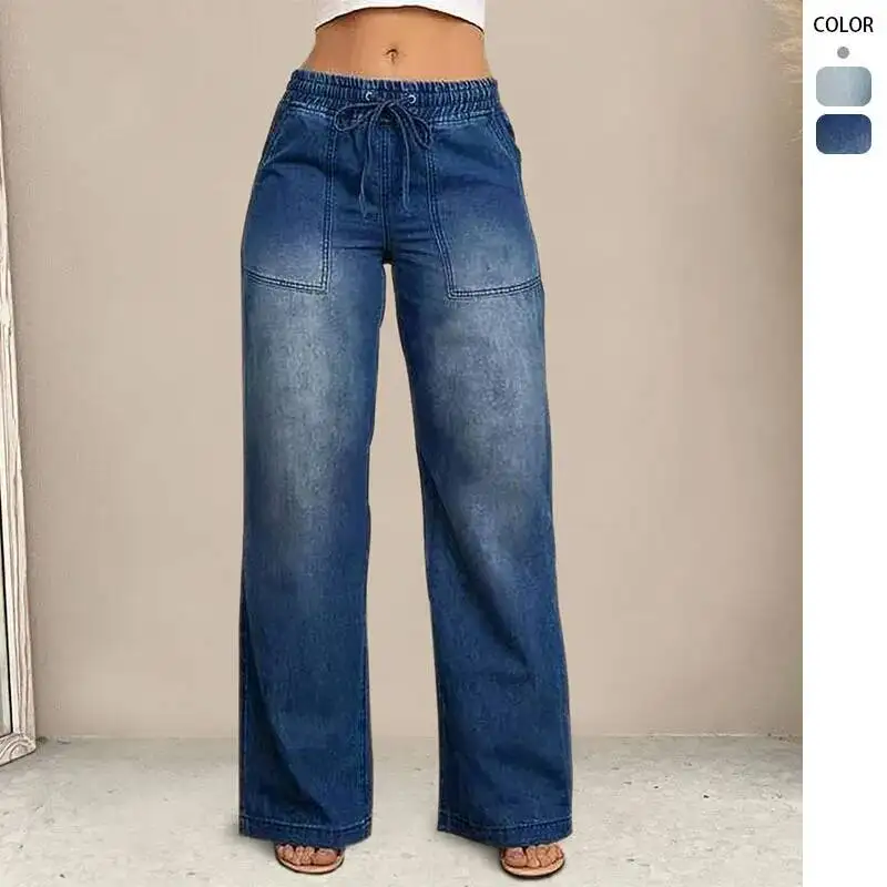 

2026 Autumn New Women's Denim Pants With Drawstring Elastic Waist, Straight-Leg Fashionable Wide-Leg Denim Trousers