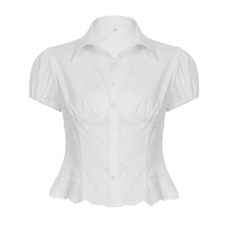 

Women s Summer Fit Shirt Flower Jacquard Eyelet Short Puff Sleeve Lapel Button Down Tops Streetwear