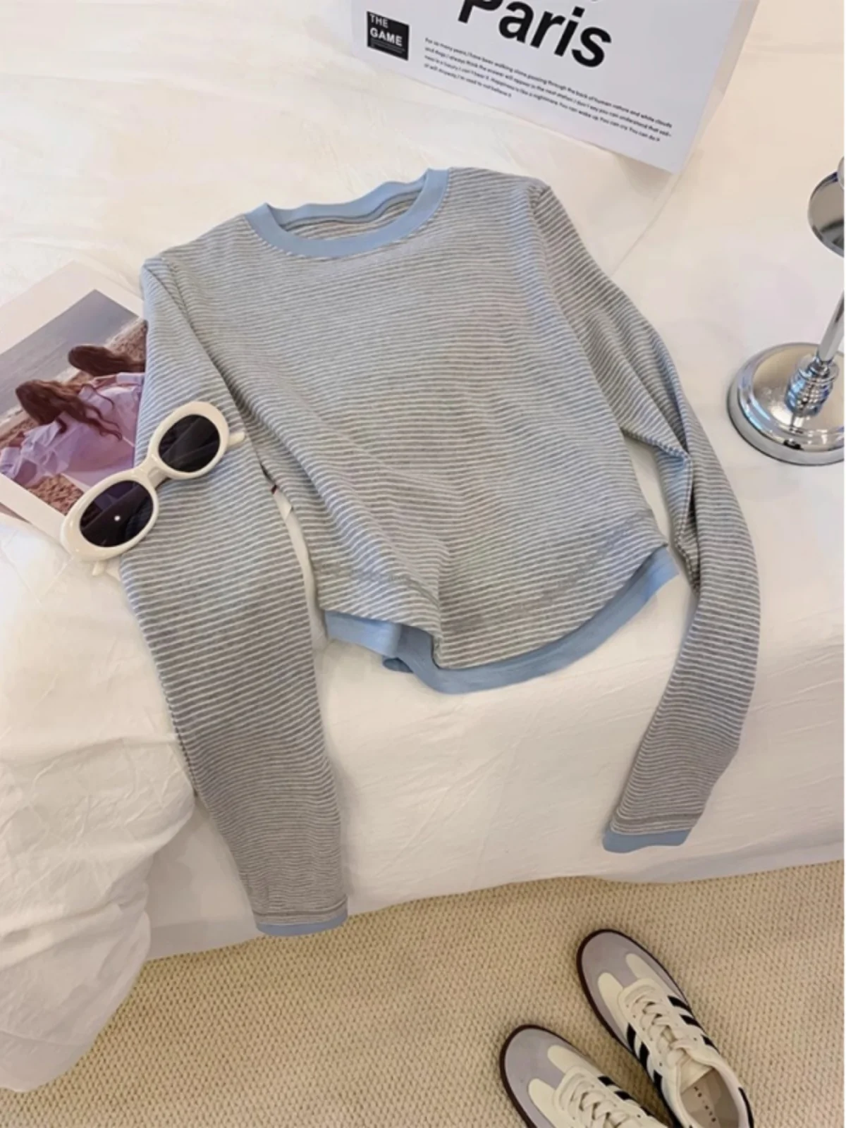 

Slim Fit Striped Long Sleeve T-Shirt Women's Early Autumn New Style Base Layer Shirt High Waist Commute Style Korean Version