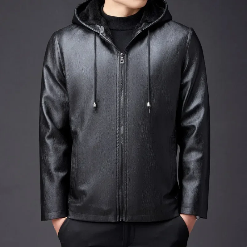 Winter High-end Men\'s Hooded Leather Jacket with Waterproof Windproof and Plush Insulation Men Clothing