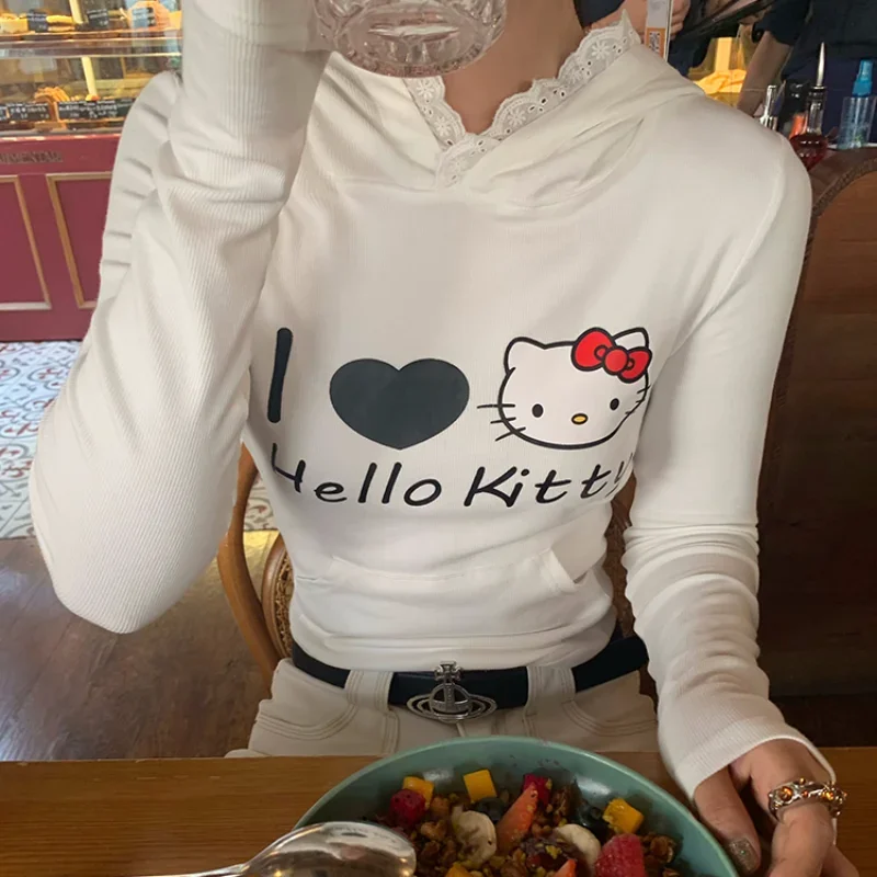 

Cartoon Hello Kitty Top Autumn New Cotton Hooded Long Sleeve Women's T-Shirt Anime Peripheral Casual Sanrio Hello Kitty T-Shirt