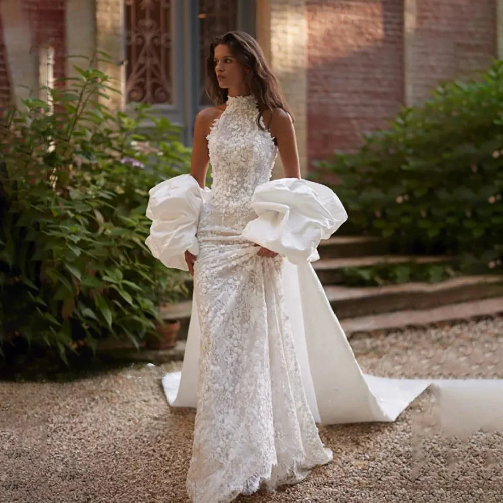 

Luxury Halter Lace Wedding Dresses For Bride Elegant Sheath Backless Lace Up Back Bridal Gowns Vestidos De Novia Wedding Dress