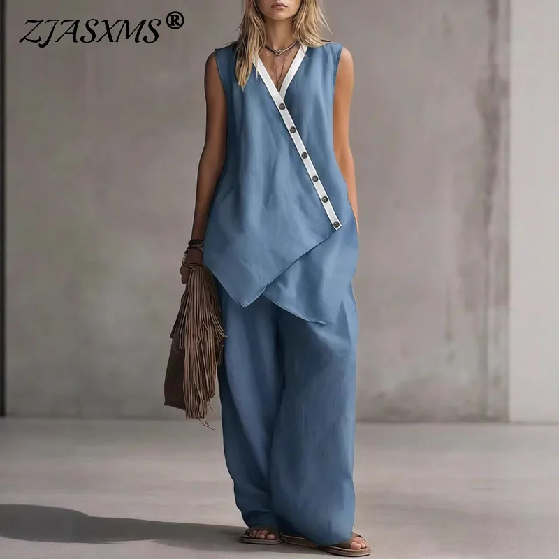 

Retro Solid Loose 2 Piece Outfits Woman Sexy V Neck Asymmetric Button Top Pocket Wide Leg Pants Set Sleeveless Summer Beach Suit